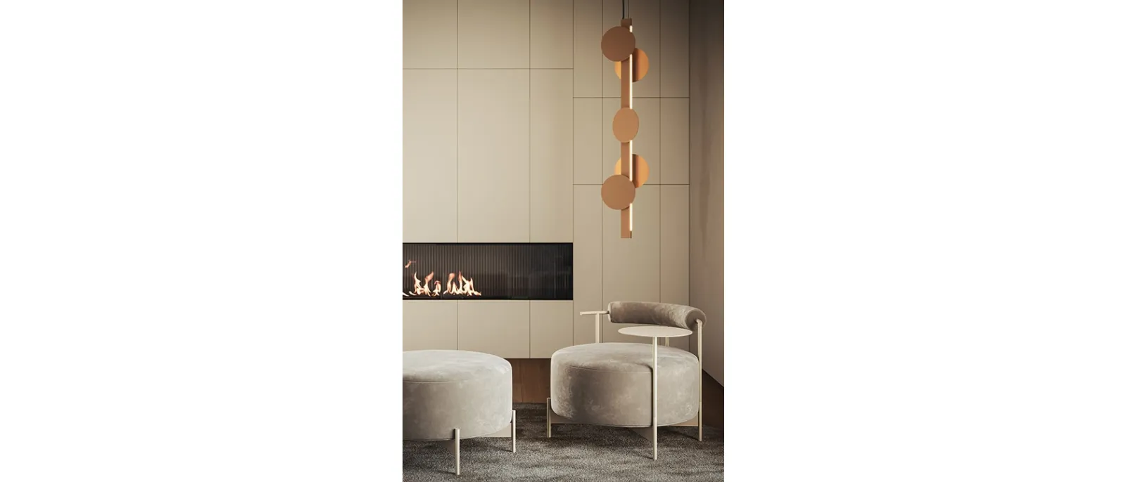 Lampada a sospensione Sundown composta da una barra in metallo verniciato ed elementi magnetici decorativi liberamente posizionabili di Ronda Design