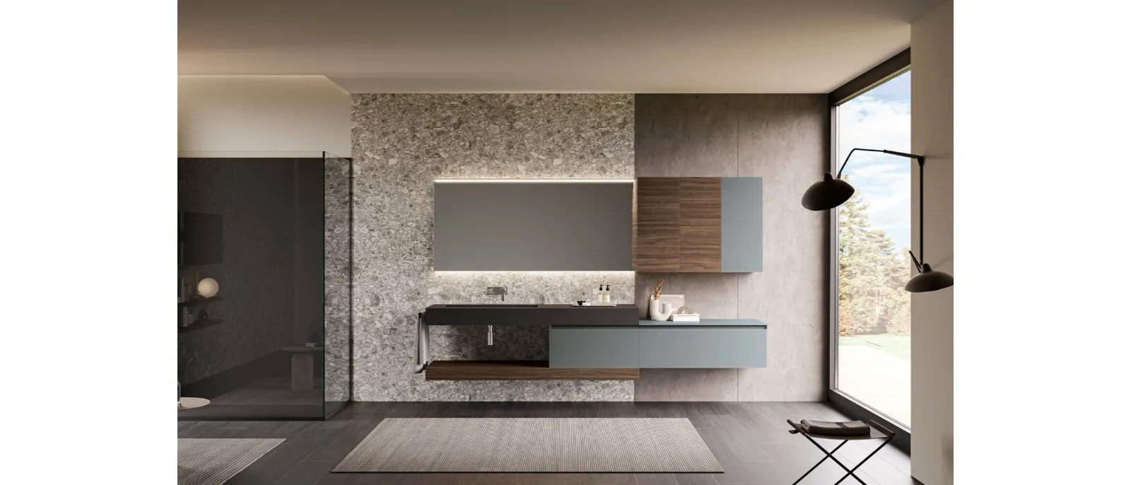 Mobile da Bagno sospeso Airy Edge 02 in laccato Granito con top in Gres Ardesia Nero di RCR