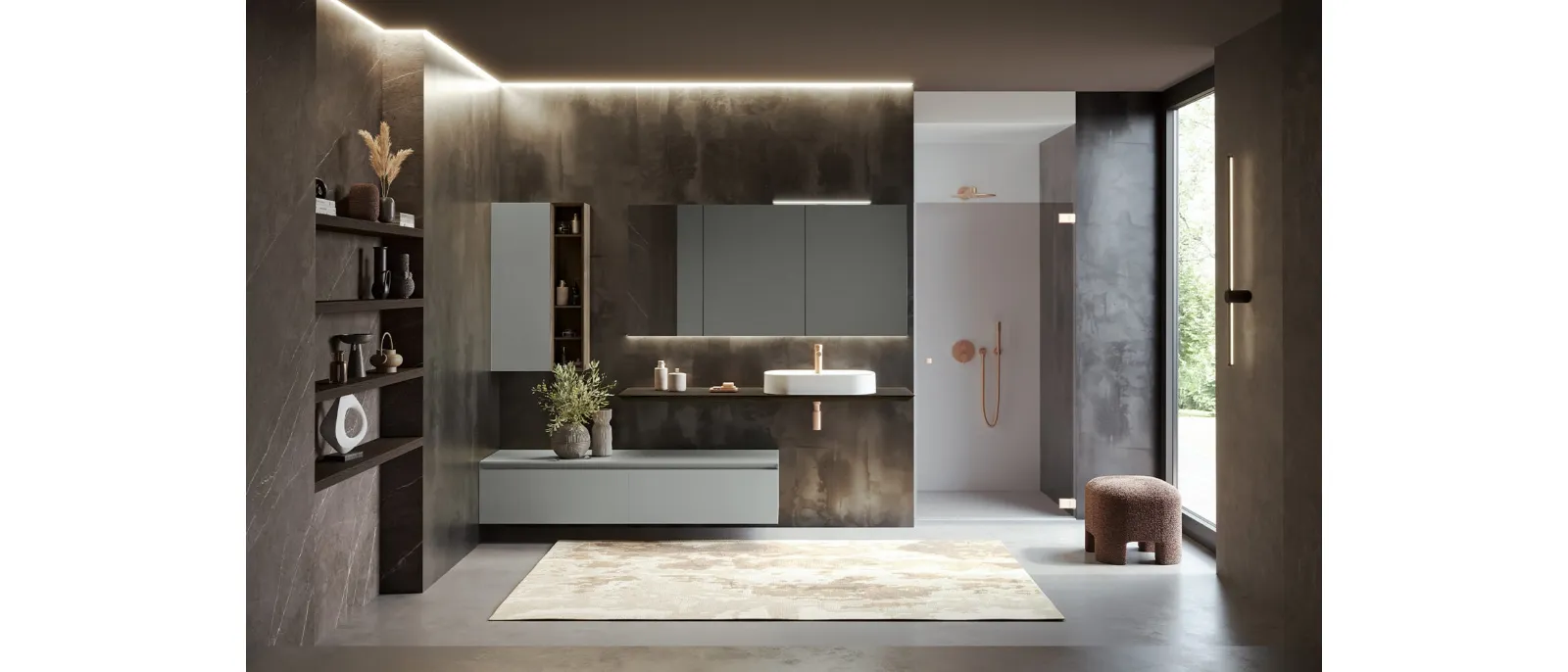 Mobile da Bagno sospeso Airy Edge 03 in laccato Grigio seta opaco e legno di RCR