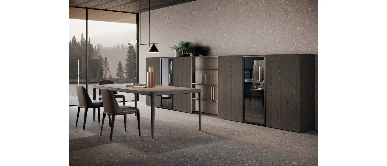 Parete Attrezzata Bluna Legno 02 in rovere grigio e vetro di Binova