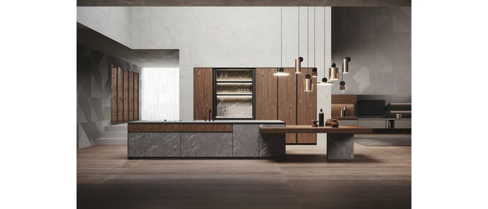 Cucina Design con isola in hpl finitura pietra Alicante e Noce Canaletto Avola di Binova