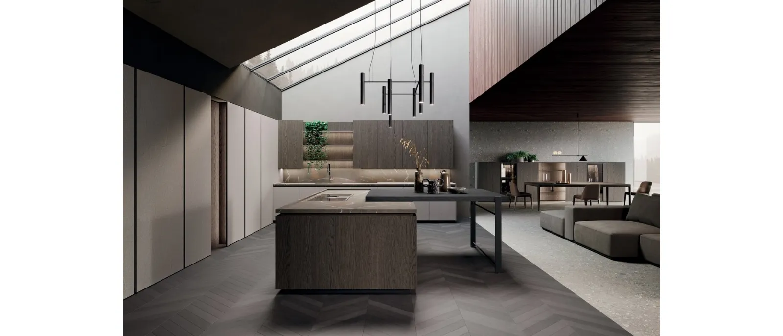 Cucina Design con isola e penisola in rovere grigio e bilaminato pietra piasentina Bluna Legno di Binova