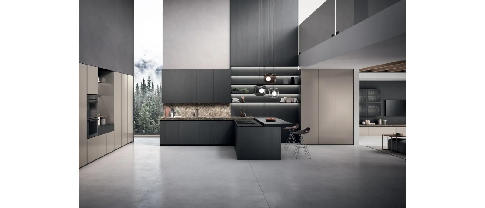 Cucina Design con penisola Bluna Tech in rovere carbone e alluminio di Binova