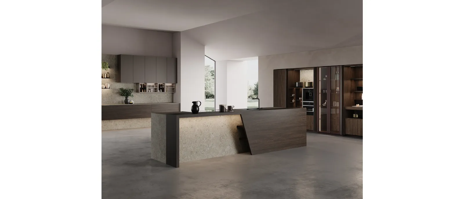 Cucina Design con isola K105 03 in melaminico Quercia e MDI di Zecchinon Cucine