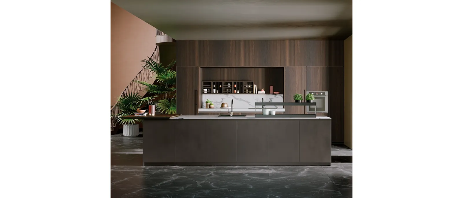 Cucina Design con isola K105 04 in Rovere e finitura metallo liquido di Zecchinon Cucine