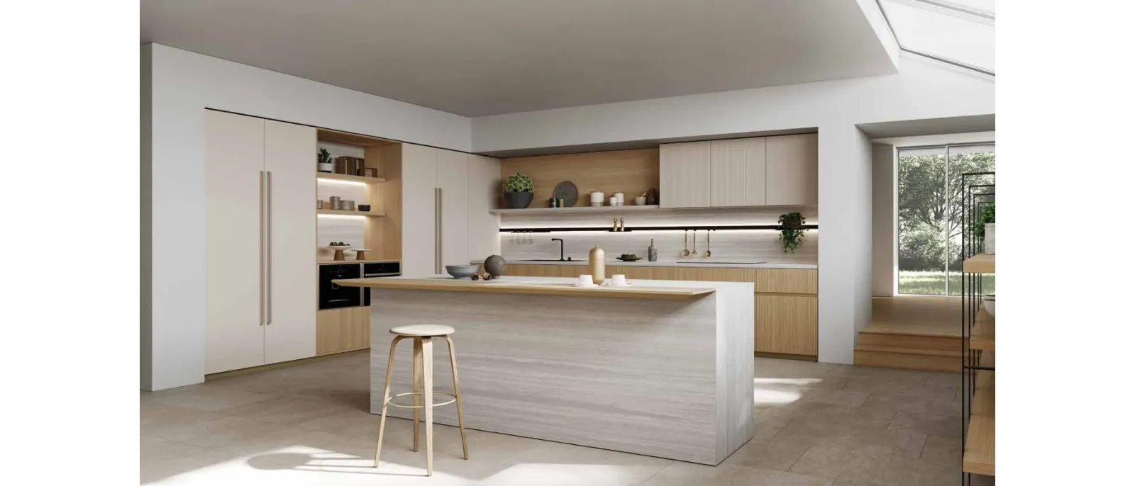 Cucina Design angolare in Rovere con isola in laminam Travertino Kelly 01 di Zecchinon Cucine