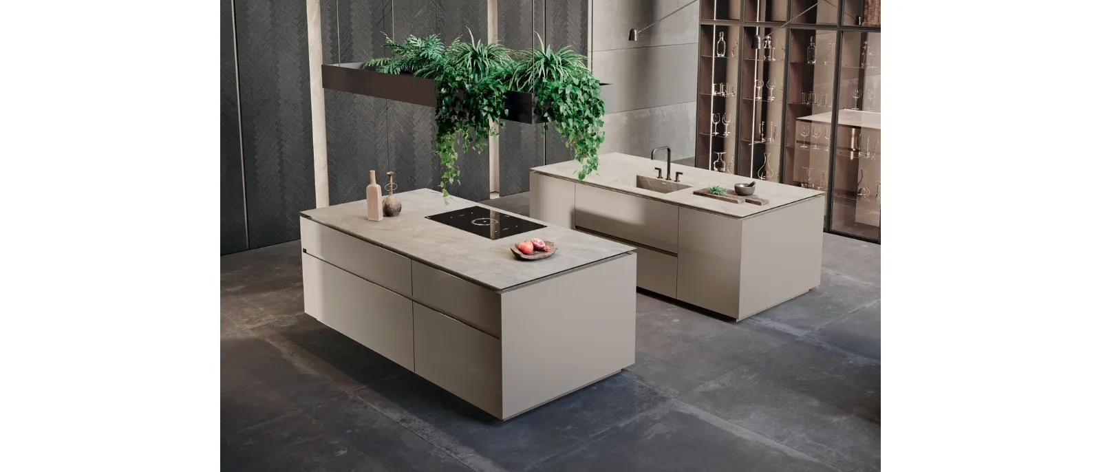 Cucina Design con doppia isola in laccato lucido e top in gres Mantis Rovere Magma di Binova