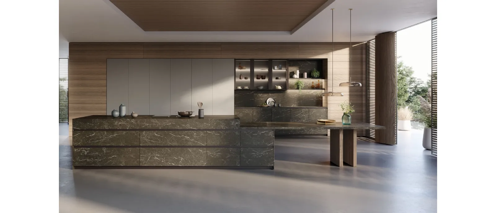 Cucina Design con isola T70 01 in Pietra di Cardoso nero fiammato di Zecchinon Cucine