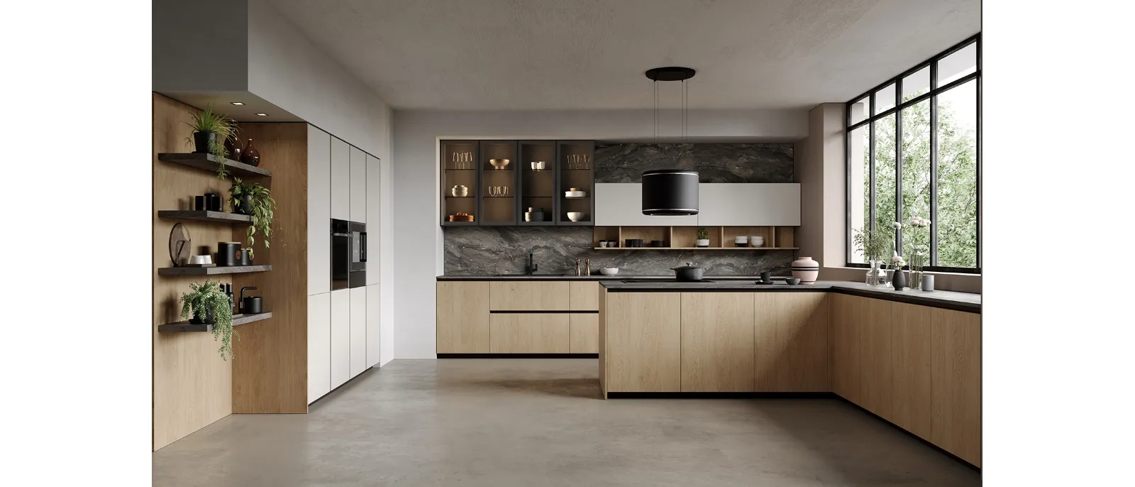 Cucina Design con penisola Tiffany 04 in rovere fiammato di Zecchinon Cucine